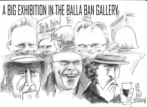 Cartoon: Big exhibition (medium) by jjjerk tagged balla,bawn,gallery,westbury,mall,dublin,ireland,irish,cartoon,caricature,overcoat,glass,wine,artist,junk,sale,famous