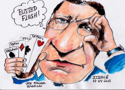 Cartoon: Busted Flush (medium) by jjjerk tagged barroso,manuel,jose,busted,flush,cartoon,caricature,cards,spades,hearts,diamonds,clubs,ec,lisbon,portugal,spain,ireland,president,cyprus