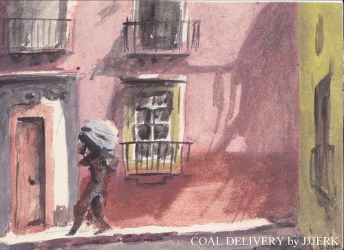 Cartoon: Delivering the coal (medium) by jjjerk tagged coal,man,cartoon,picture,watercolour,door
