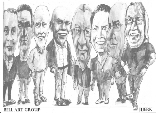 Cartoon: Eight Bell Art Group members (medium) by jjjerk tagged bell,art,group,darndale,cartoon,caricature,glasses,irish,ireland,artists,painters