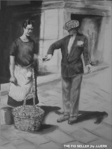 Cartoon: Fig seller in Seville (medium) by jjjerk tagged fig,seville,spain,black,white,basket,cap,people,apron,handkerchief