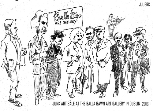 Cartoon: Junk Art sale (medium) by jjjerk tagged balla,bawn,gallery,westbury,mall,dublin,ireland,irish,cartoon,caricature,overcoat,glass,wine,artist,junk,sale,famous
