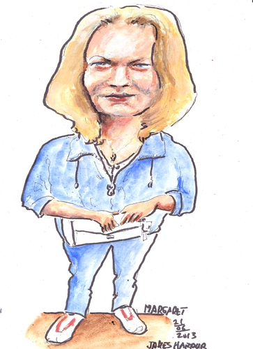 Cartoon: Margaret (medium) by jjjerk tagged margaret,cartoon,caricature,famous,painter,irish,ireland,blue,blonde,bag,keys,runners,pink
