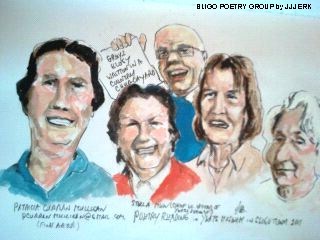 Cartoon: Sligo Poetry Group (medium) by jjjerk tagged yeats,sligo,town,poetry,reading,cartoon,caricature,poets,red,blue,yellow
