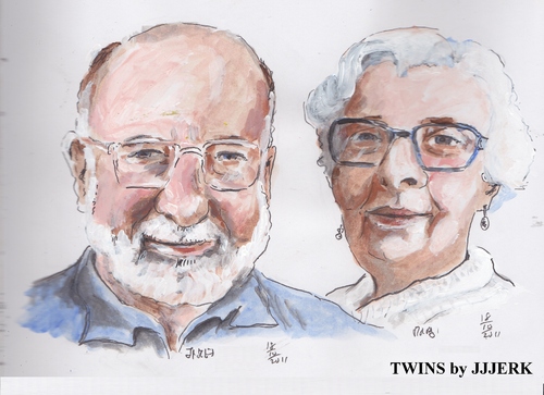 Cartoon: Twins (medium) by jjjerk tagged twins,cartoon,caricature,glasses,beard,blue,earrings,ireland,iirish
