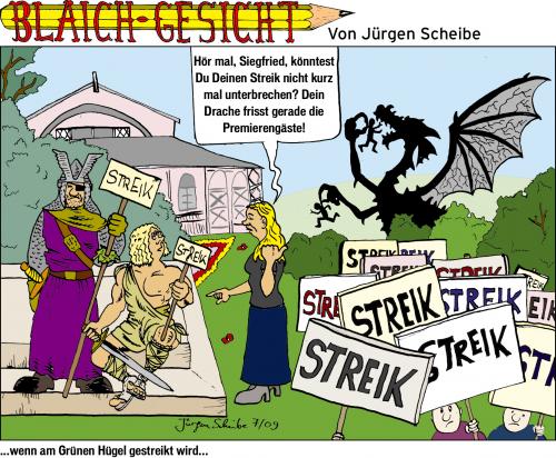 Cartoon: Blaichgesicht 74 (medium) by Scheibe tagged bayreuth,wagner,festspiele,streik,siegfried,hagen,drache,oper,opernhaus,grüner,hügel
