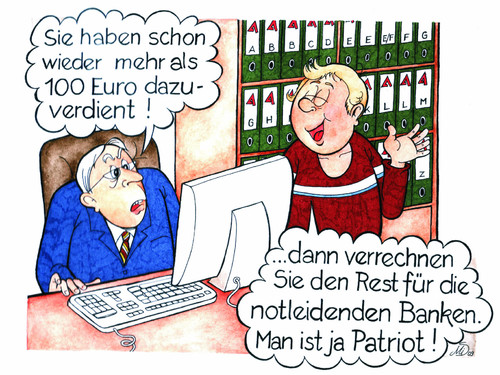 Cartoon: Patriot in Krisenzeiten (medium) by MiS09 tagged krise,hartz4,zuverdienst,100,euro,arge,amt