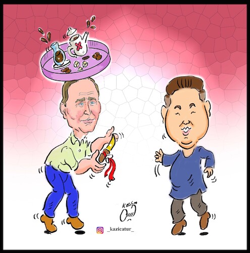 Cartoon: Kim Jong Un and putin gift (medium) by Hossein Kazem tagged kim,jong,un,and,putin,gift