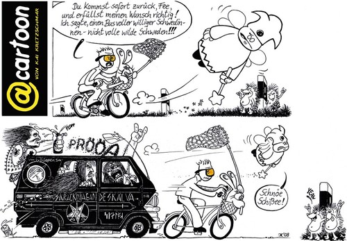 Cartoon: Der Schwedenbus (medium) by kunstkai tagged rammler,fahrrad,schweden,kunstkai,cartoon,wunsch,fee,igel,zauberstab