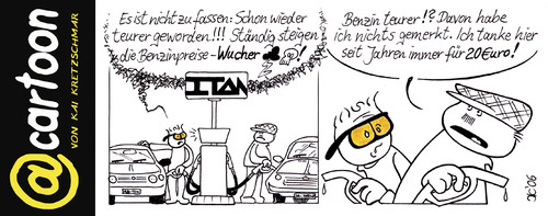 Cartoon: Tankstelle (medium) by kunstkai tagged tankstelle,benzin,sprit,diesel,preise,ärger,hohe,erhöhung,mineralöl,konzerne,auto,tanken,betanken,zapfen,zaptsäule,esso,shell,aral,elf,etcartoon,etcar,kunstkai,kai,kretzschmar,cartoon,lustig,aktuell,steuern