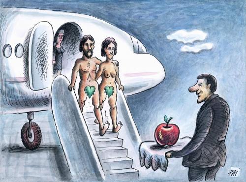 Cartoon: arrival (medium) by penapai tagged airplane,apple,tree,adam,eve,paradies,verführung,apfel,frucht,flugzeug,empfang,ankunft,moderne