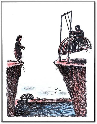 Cartoon: bridge (medium) by penapai tagged women,mann,frau,beziehung,paar,fernbeziehung,brücke,distanz,abgrund,hindernis,schaukel,überqueren,sehnsucht