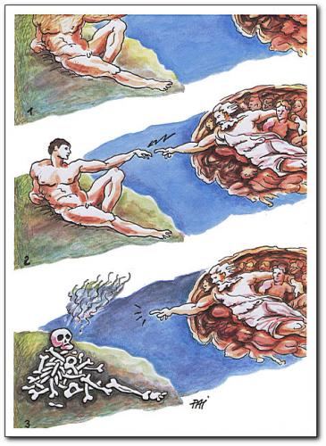 Cartoon: creation (medium) by penapai tagged god,michelangelo,gemälde,kunst,gott,himmel,erschaffung,berührung,skelett,knochen,tod,verderben,sterben,gewalt,strafe,sünde