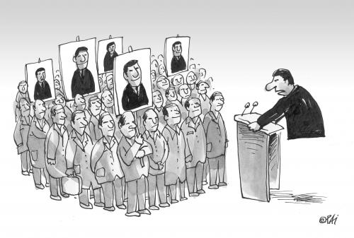 Cartoon: leader (medium) by penapai tagged meeting,treffen,rede,führer,sprecher,politik,polemik,anstacheln,hetzen,beinlos,podest,demonstration,gruppe,leute,wahl