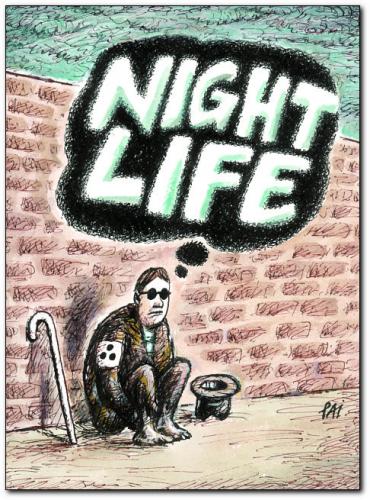 Cartoon: night life (medium) by penapai tagged blind,life,obdachloser,penner,bettler,betteln,behinderung,blind,nachtleben,sehen