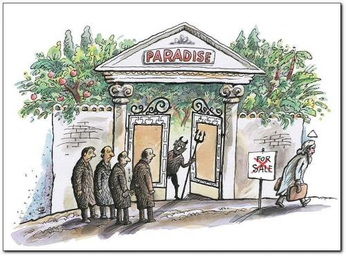 Cartoon: paradise (medium) by penapai tagged for,sale,,paradies,teufel,gott,but,böse,verkauf,verkaufen,immobilien