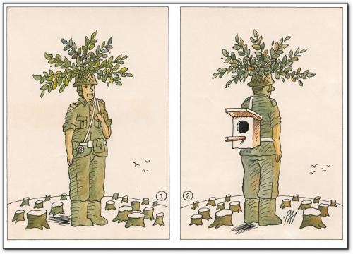 Cartoon: sustitute (medium) by penapai tagged soldier,,soldat,verkleidung,tarnung,baum,abholzung,vogelhaus,entdecken,verstecken,militär,krieg