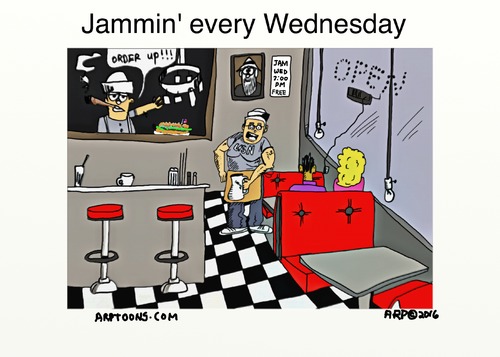 Cartoon: Jamming Wednesdays (medium) by tonyp tagged arp,music,locals,guitars,singing,drinking