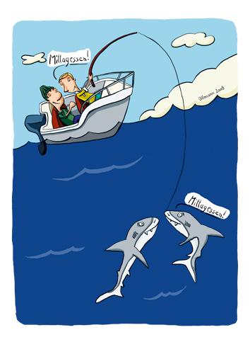 Cartoon: Mittagessen (medium) by ullmann tagged mittagessen,hai,angeln,fischer,meer,boot
