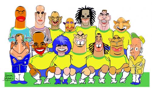 Cartoon: Brazilian football team (medium) by juniorlopes tagged football,caricature,fussball,nationalmannschaft,brasilien,weltmeister,portrait,hommage,illustration,karikatur,künstler,ronaldo,ronaldinho,fallrückzieher,kopfball,traum,weltklasse