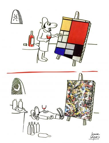 Cartoon: Mondrian x Pollock (medium) by juniorlopes tagged cartoon,künstler,maler,wein,alkohol,kunstwerk,rahmen,pollock,mondrian,duktus,pinselstrich,konstruktivismus,abstraktion,impressionismus,expressionismus,action painting,pop art,bauhaus,moderne,stil,surrealismus