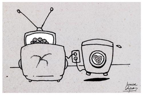 Cartoon: Too much TV (medium) by juniorlopes tagged tv,fernsehen,tv,verdummung,sucht,glotze,rausch,droge,gehirn,gehirnwäsche,intelligenz,realitätsflucht,eskapismus,sinnlos,niveaulos,programm,sendung,show,realityshow,dsds,rtl,pro7,sat1