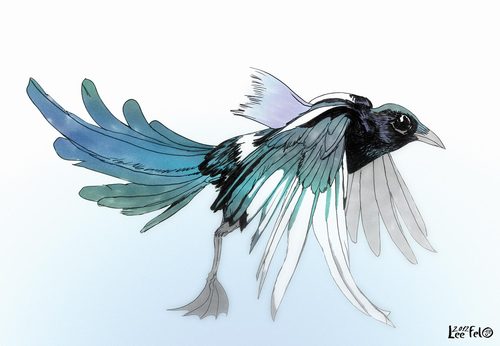 Cartoon: aquatic magpie (medium) by LeeFelo tagged pica,bird,scribble,green,blue,white,ink,black,fether,beak,webd,magpie,aquatic,summer,water