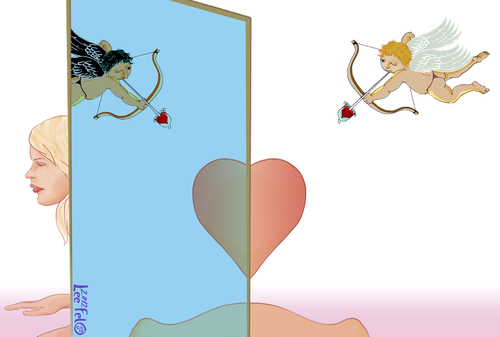 Cartoon: cupids at war (medium) by LeeFelo tagged mirrored,mirror,late,valentine,heart,bottom,bum,nude,pink,heal,blonde,cupid,arrow,condom,dark