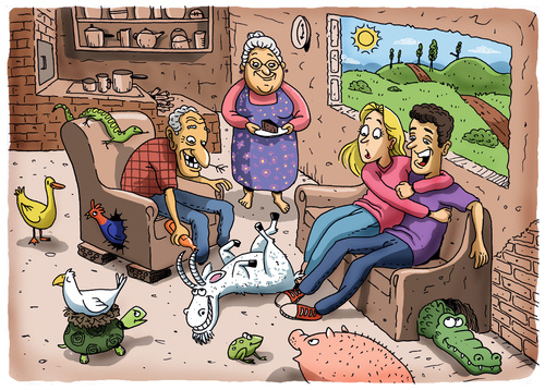 Cartoon: Grandma s house (medium) by Marcelo Rampazzo tagged house,grandma,illustration,liebe,familie,ziege,großeltern,oma,opa,generationen tiere,haustiere,generationen,tiere