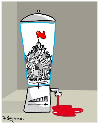 Cartoon: Liquify (medium) by Marcelo Rampazzo tagged liquify,mixer,nahrung,trinken,lebensmittel,stadt,blut,zerstörung,metapher,liquidierung,haushaltsgerät,küche