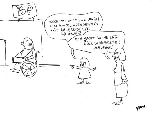 Cartoon: Bauchladenbesitzer (medium) by Florian France tagged bauchladenbesitzer,halbseitig,gelähmt,mutter,kind