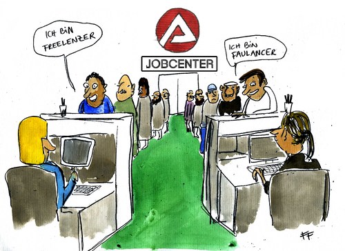 Cartoon: freelenzer vs. faulancer (medium) by Florian France tagged arbeitsamt,hartz,iv,faulenzer,freelancer,arbeit