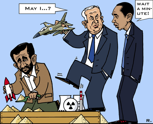 Cartoon: Dangerous Sandbox Games (medium) by RachelGold tagged iran,israel,usa,netanyahu,ahmadinejad,obama,bombing,nuclear,units