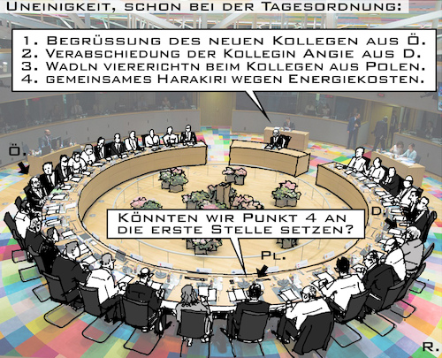 Cartoon: EU-Gipfel in Brüssel (medium) by RachelGold tagged eu,gipfel,brüssel,rat,diskussion,streit,begrüßung,abschied,eu,gipfel,brüssel,rat,diskussion,streit,begrüßung,abschied