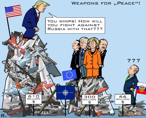 Cartoon: EU NATO Arming (medium) by RachelGold tagged nato,eu,summit,usa,belgium,uk,france,germany,turkey,russia,trump,macron,junckers,merkel,erdogan,putin,arms,weapons,war,warmongers,peace