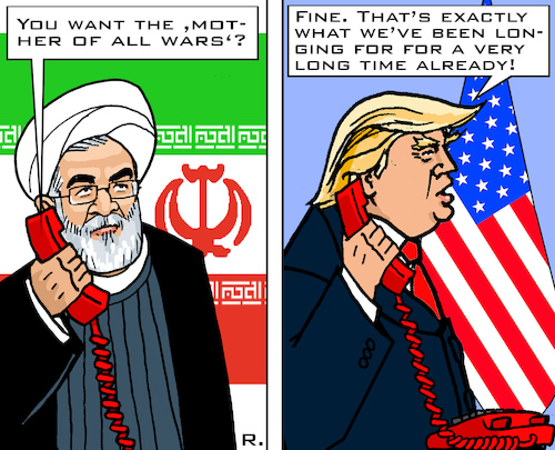 Cartoon: USA-Iran agreeing! (medium) by RachelGold tagged usa,iran,war,mother,of,all,wars,agreeing,rohani,trump,telefone,world