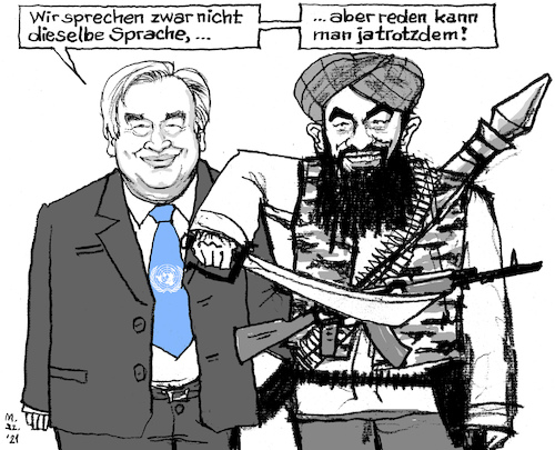 Cartoon: Dialog mit Taliban (medium) by MarkusSzy tagged uno,afghanistan,taliban,terrorismus,dialog,guterres