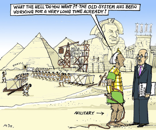 Cartoon: El Baradei in Cairo (medium) by MarkusSzy tagged baradei,el,sphinx,pyramides,regime,ancient,military,cairo,egypt