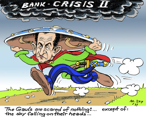 Cartoon: Gauls (medium) by MarkusSzy tagged sky,bank,crisis,economy,eu,shield,asterix,gaul,france,sarkozy