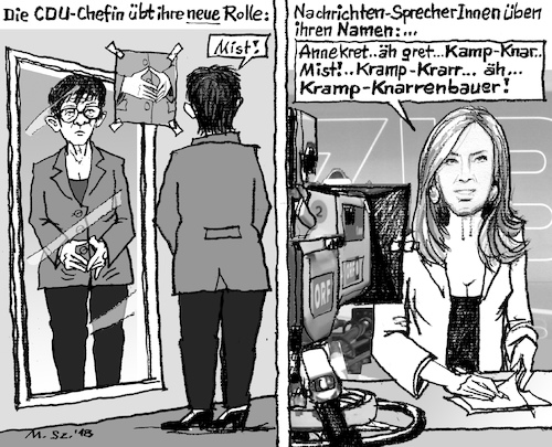 Cartoon: Neue CDU-Chefin - Einarbeiten (medium) by MarkusSzy tagged deutschland,cdu,chefin,merkel,raute,akk,annegret,krampkarrenbauer,nachrichten,sprecherin