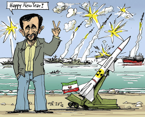 Cartoon: New-Years Fireworks in Iranean (medium) by MarkusSzy tagged fireworks,missiles,sea,on,maneuvers,ahmadinejad,iran