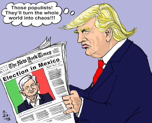 Cartoon: Populists (medium) by MarkusSzy tagged election,mexico,usa,obrador,trump,nyt,populists,world,chaos