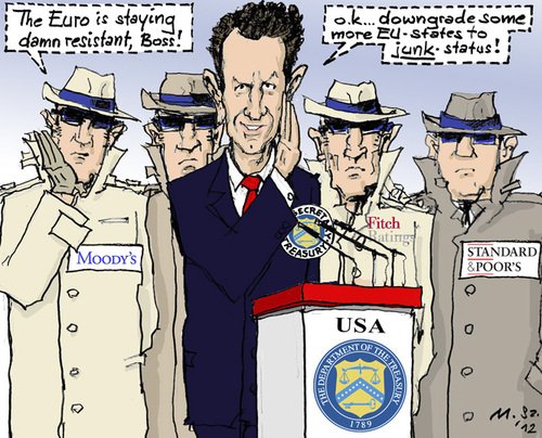 Cartoon: Rating Agents (medium) by MarkusSzy tagged eu,usa,euro,crisis,ratingagencies,geithner