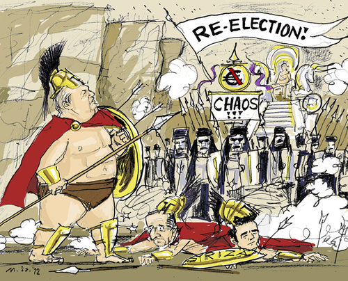 Cartoon: The last Spartiate (medium) by MarkusSzy tagged greece,elections,chaos,eu,venizelos,samaras,tsipras