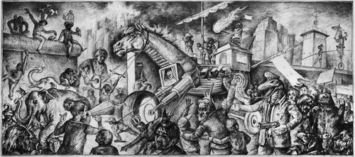 Cartoon: Trojanisches Pferd (medium) by Thomas Bühler tagged wiedervereinigung,hoffnung,versprechen,wohlstand,entäuschung,aufschwung,erneuerung,betrug
