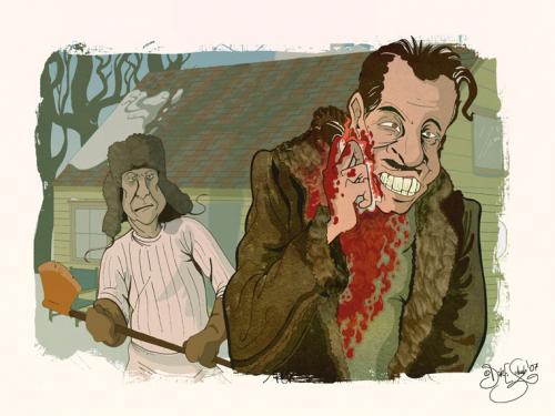 Cartoon: Fargo (medium) by Dirk ESchulz tagged dirk,erik,schulz,fargo,ethan coen,joel coen,steve buscemi,thriller,schwarzer humor,film,kino,oscar,absurd,skurril,filmzitat,hommage,szene,mordszene,illustration,parodie,ethan,coen,joel,steve,buscemi,schwarzer,humor,schauspieler