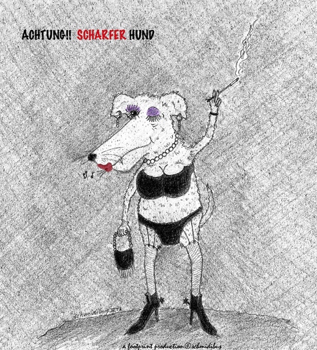 Cartoon: achtung! scharfer hund (medium) by schmidibus tagged hund,scharf,heiß,lack,leder,haare,hotpants,stiefel,lippenstift,achtung