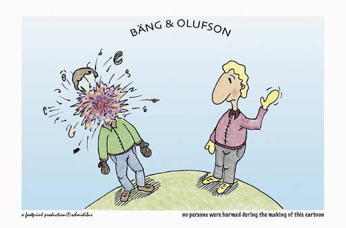 Cartoon: bäng und olufson (medium) by schmidibus tagged explodieren,platzen,wortspiel,bäng,kopf,mensch,olufson
