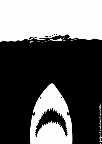 Cartoon: der weiße hai (medium) by schmidibus tagged spielberg,jaws,weiß,schwarz,meer,schwimmer,gefahr,hai