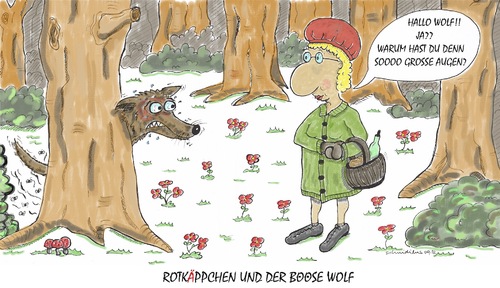 Cartoon: rotkäppchen und ... (medium) by schmidibus tagged grimm,gebrüder,märchen,augen,wald,wolf,rotkäppchen